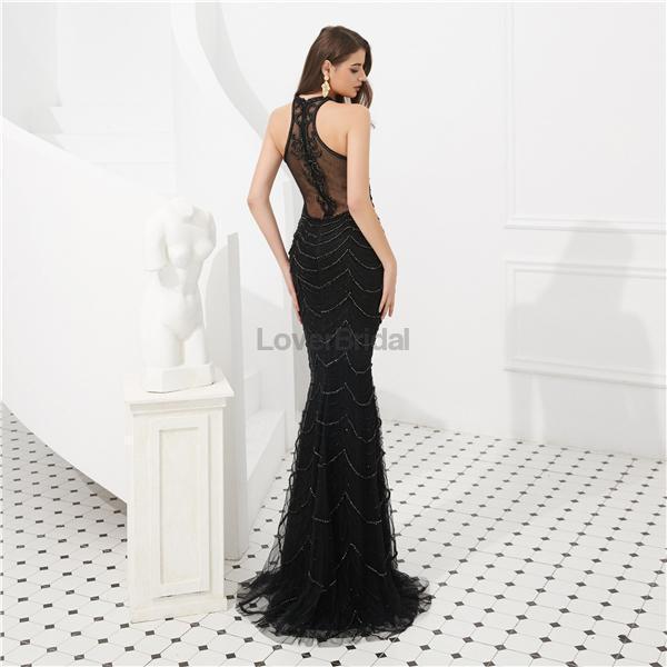 Halter Heavily Beaded Black Lace Mermaid Evening Prom Dresses, Evening Party Prom Dresses, 12092