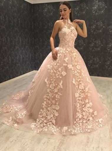 Halter Lace Light Peach Lace A-line Long Evening Prom Dresses, 17611