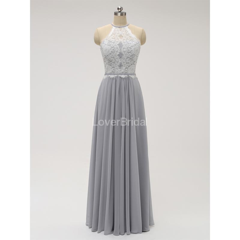 Halter Lace Long Chiffon Grey Cheap Bridesmaid Dresses Online, WG583