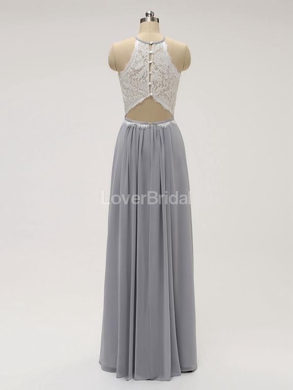 Halter Lace Long Chiffon Grey Cheap Bridesmaid Dresses Online, WG583