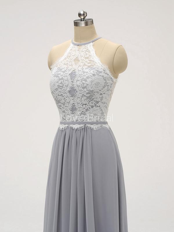 Halter Lace Long Chiffon Grey Cheap Bridesmaid Dresses Online, WG583