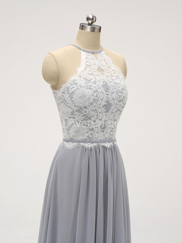 Halter Lace Long Chiffon Grey Cheap Bridesmaid Dresses Online, WG583