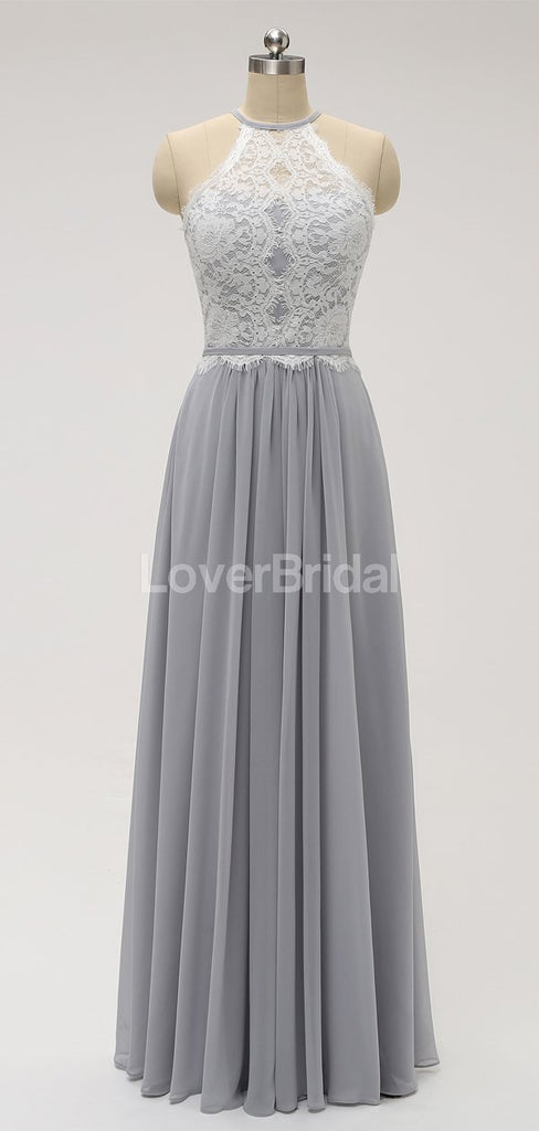 Halter Lace Long Chiffon Grey Cheap Bridesmaid Dresses Online, WG583