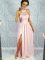 Halter Pink Lace Side Slit Long Evening Prom Dresses, 17672