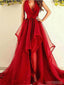 Halter Red Side Slit Ruffles Long Cheap Evening Prom Dresses, Evening Party Prom Dresses, 12343