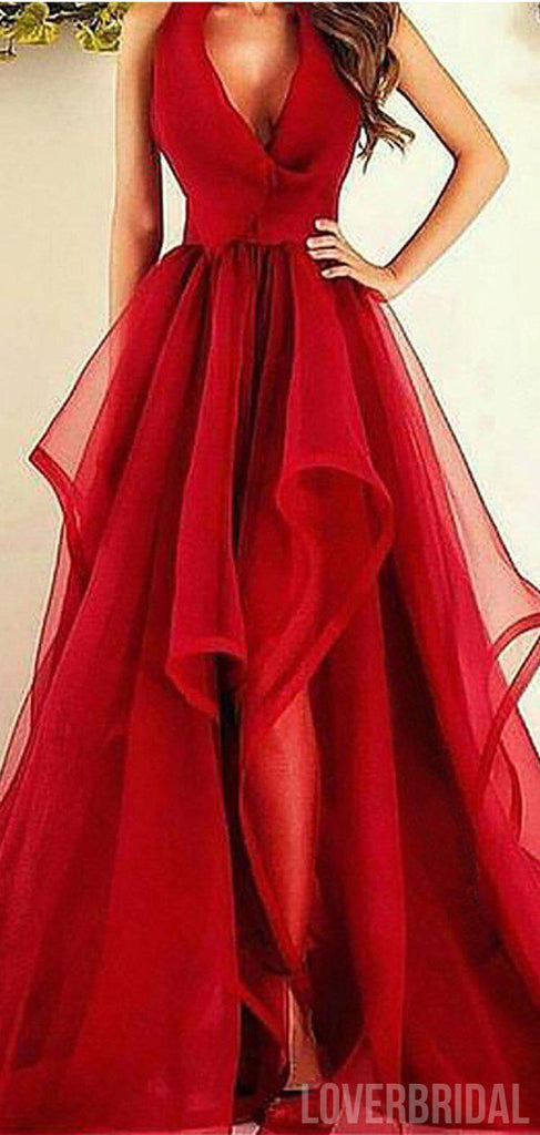 Halter Red Side Slit Ruffles Long Cheap Evening Prom Dresses, Evening Party Prom Dresses, 12343