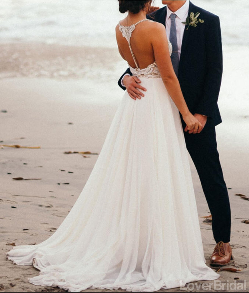 Halter Rhinestone Beaded A-line Cheap Wedding Dresses Online, Cheap Unique Bridal Dresses, WD604
