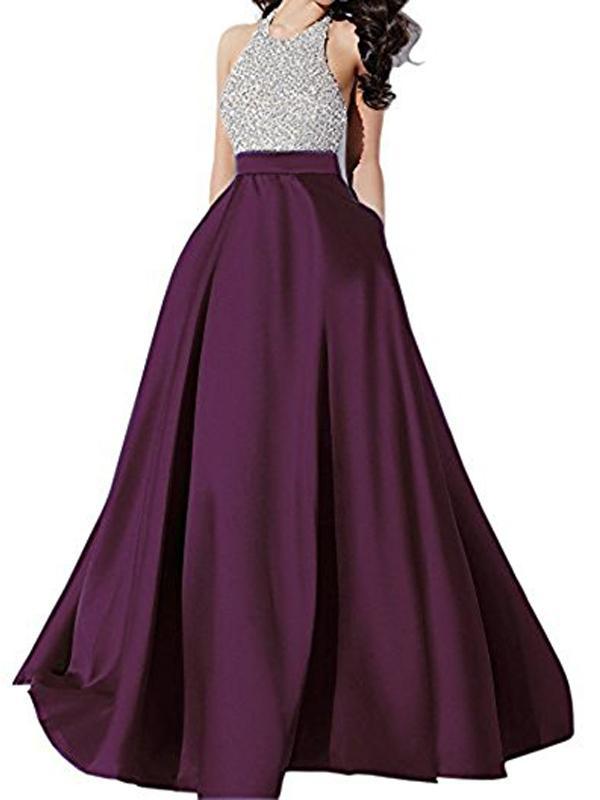 Halter Rhinestone Beaded Purple A-line Long Evening Prom Dresses, 17678