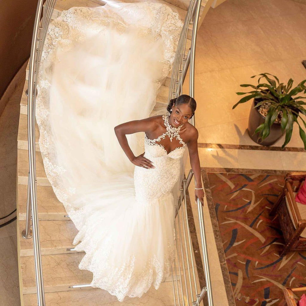 Halter Sexy See Through Lace Mermaid Wedding Dresses, Mermaid Wedding Gown, WD697