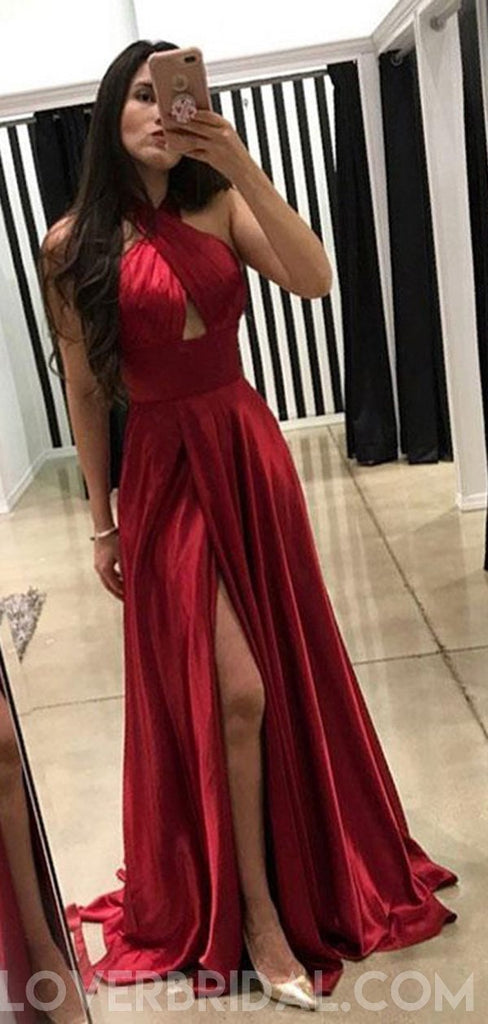 Halter Side Slit Burgundy Long Evening Prom Dresses, Cheap Custom Sweet 16 Dresses, 18447