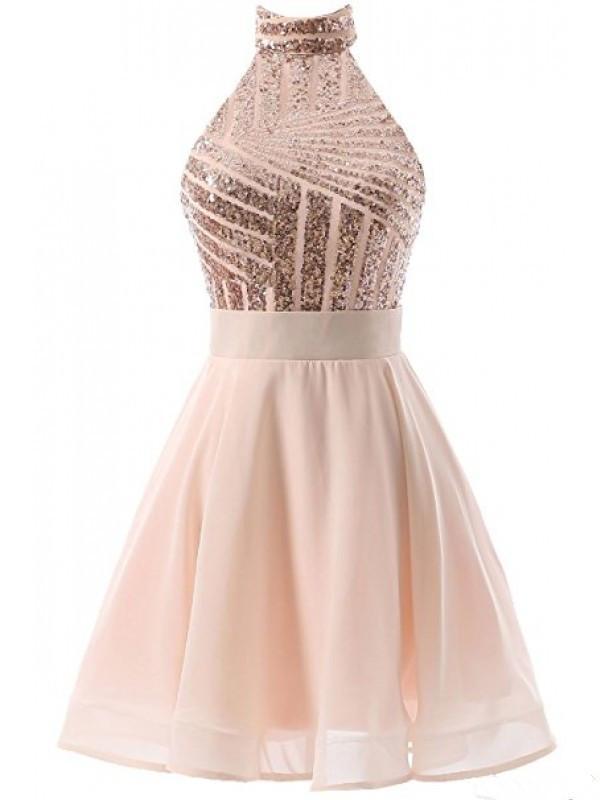Halter Sparkly Sequin Short Homecoming Prom Dresses, Affordable Short Party Prom Sweet 16 Dresses, Perfect Homecoming Cocktail Dresses, CM378