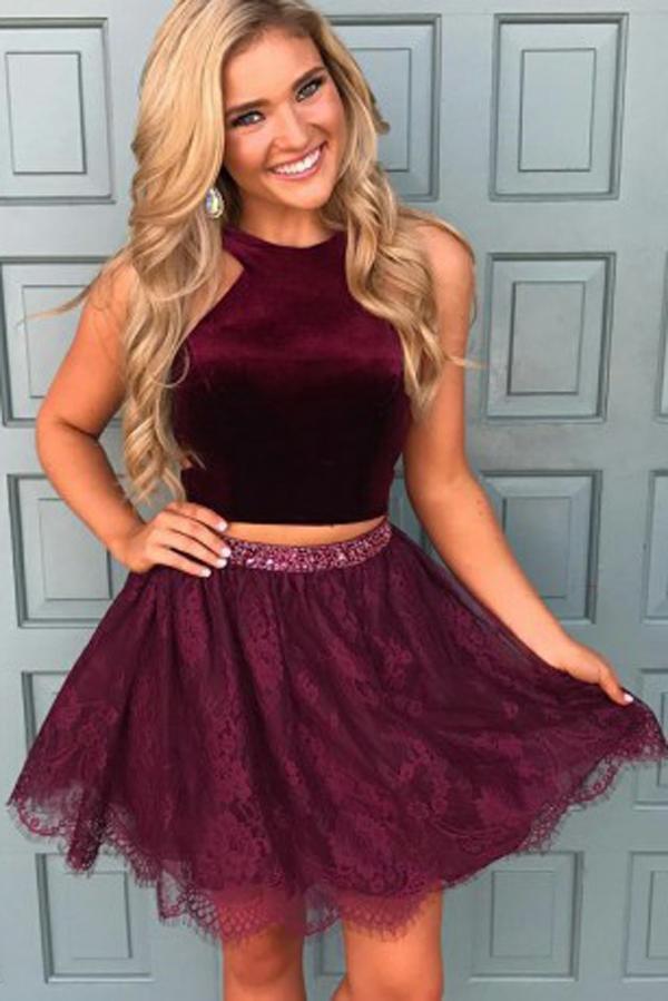 Halter Two Piece Red Lace Cheap Homecoming Dresses 2018, CM413