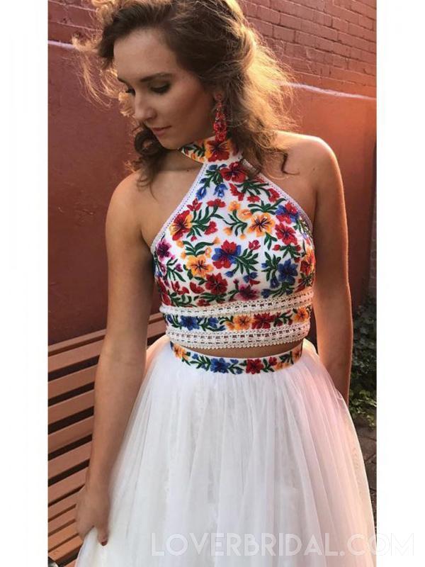 Halter Two Pieces Embroidery White Long Evening Prom Dresses, Cheap Custom Sweet 16 Dresses, 18457