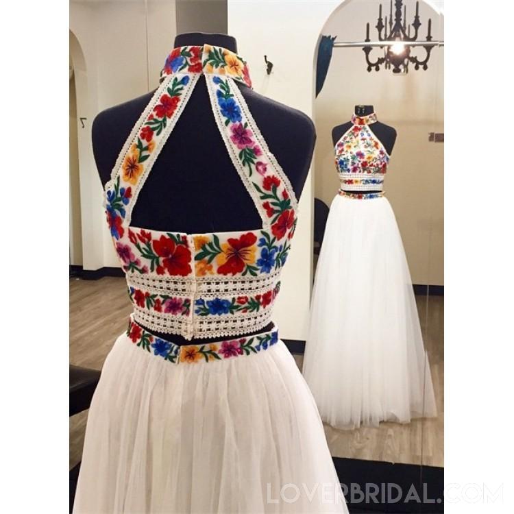 Halter Two Pieces Embroidery White Long Evening Prom Dresses, Cheap Custom Sweet 16 Dresses, 18457