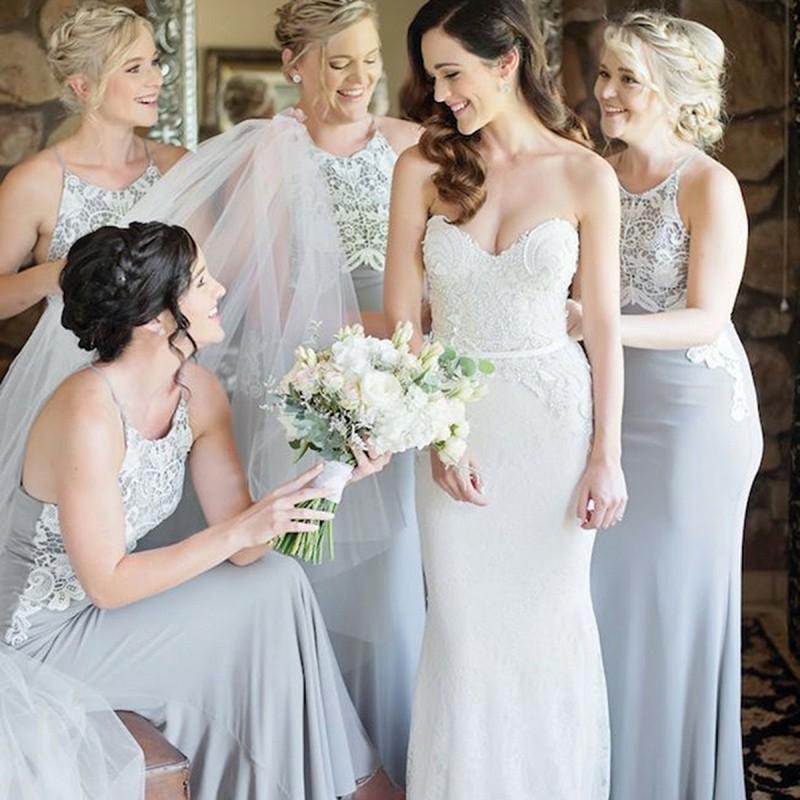 Halter Unique Lace Mermaid Cheap Long Grey Bridesmaid Dresses Online, WG217