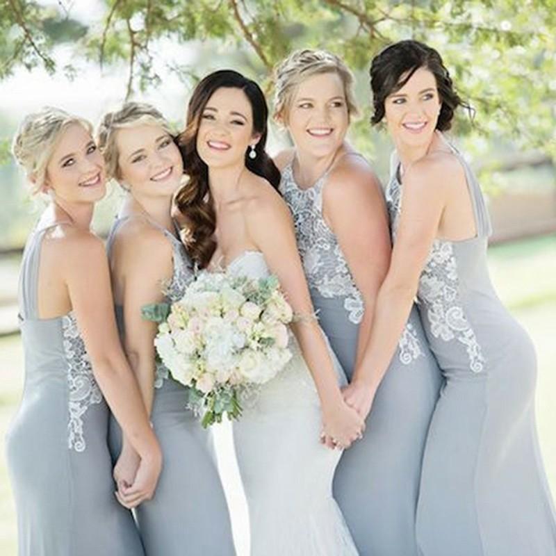 Halter Unique Lace Mermaid Cheap Long Grey Bridesmaid Dresses Online, WG217