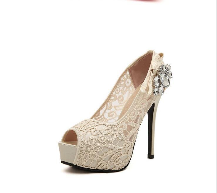 Hand Made High Heels Fish Toe Lace Sexy Wedding Bridal Shoes, S037