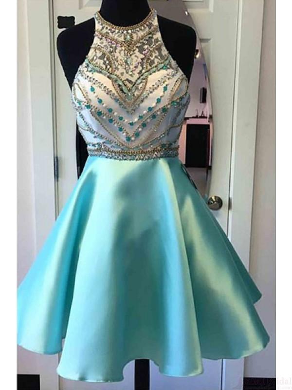 Heavily Beaded Green Halter Short Homecoming Prom Dresses, Affordable Short Party Prom Sweet 16 Dresses, Perfect Homecoming Cocktail Dresses, CM359