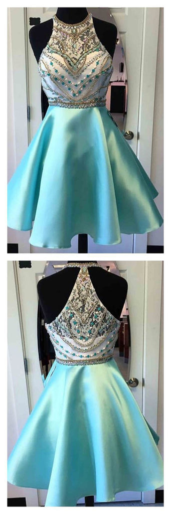 Heavily Beaded Green Halter Short Homecoming Prom Dresses, Affordable Short Party Prom Sweet 16 Dresses, Perfect Homecoming Cocktail Dresses, CM359