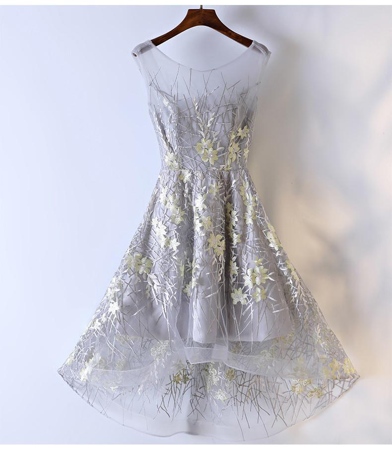High Low Grey Yellow Lace Homecoming Prom Dresses, Affordable Corset Back Short Party Prom Dresses, Perfect Homecoming Dresses, CM256