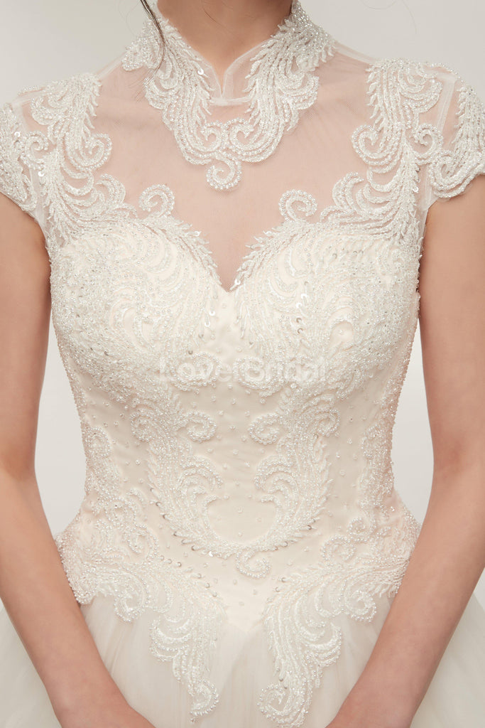 High Neck A-line Lace Beaded Cheap Wedding Dresses Online, Cheap Bridal Dresses, WD569
