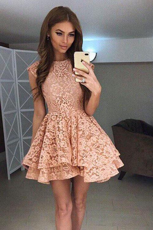 High Neck Peach Lace Cute Short Homecoming Dresses 2018, CM559