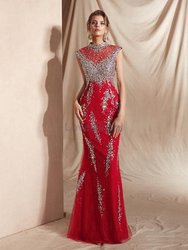 High Neck Red Heavily Beaded Mermaid Evening Prom Dresses, Evening Party Prom Dresses, 12071