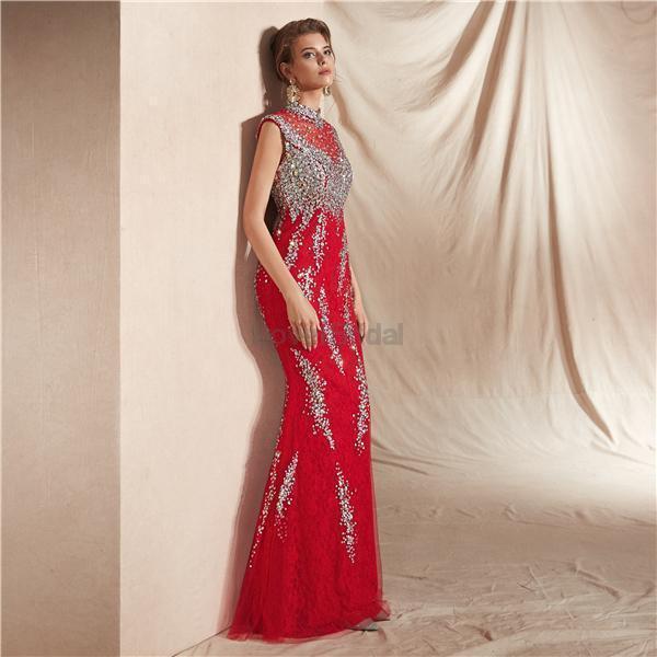 High Neck Red Heavily Beaded Mermaid Evening Prom Dresses, Evening Party Prom Dresses, 12071