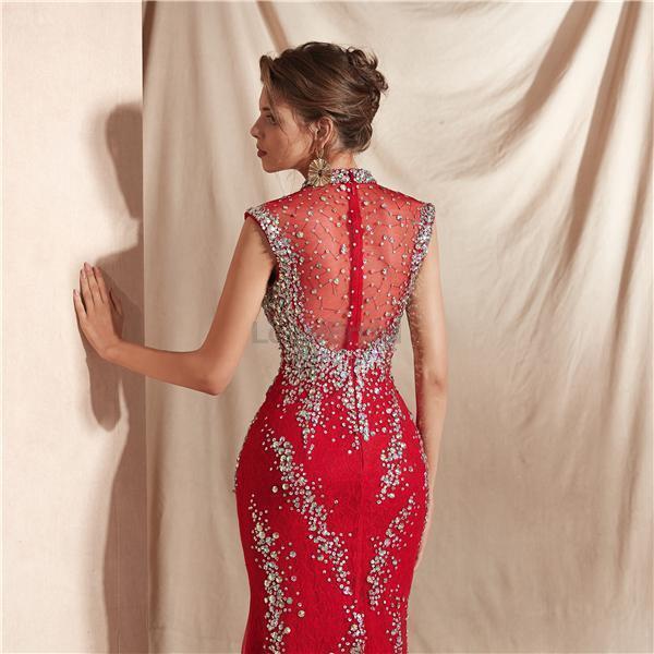 High Neck Red Heavily Beaded Mermaid Evening Prom Dresses, Evening Party Prom Dresses, 12071