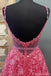 Hot Pink A-line Spaghetti Straps V-neck Cheap Long Prom Dresses Online,12620