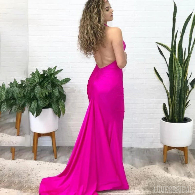 Hot Pink Mermaid Halter Backless Cheap Long Bridesmaid Dresses Online,WG1024