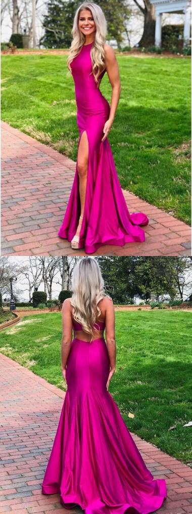 Hot Pink Mermaid Halter Side Slit Cheap Long Prom Dresses Online,12392