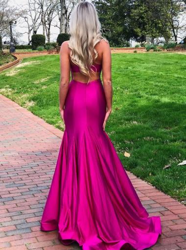 Hot Pink Mermaid Halter Side Slit Cheap Long Prom Dresses Online,12392