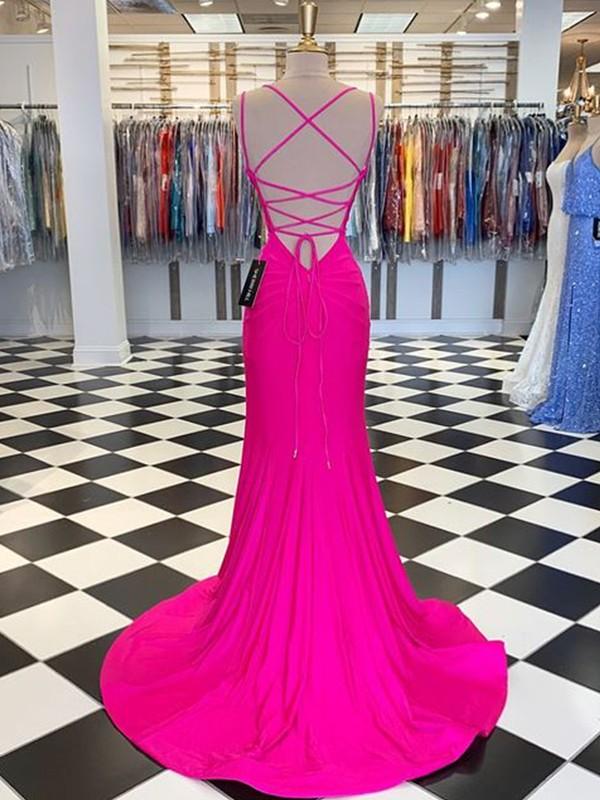 Hot Pink Mermaid Spaghetti Straps V-neck Backless Long Prom Dresses Online,12440