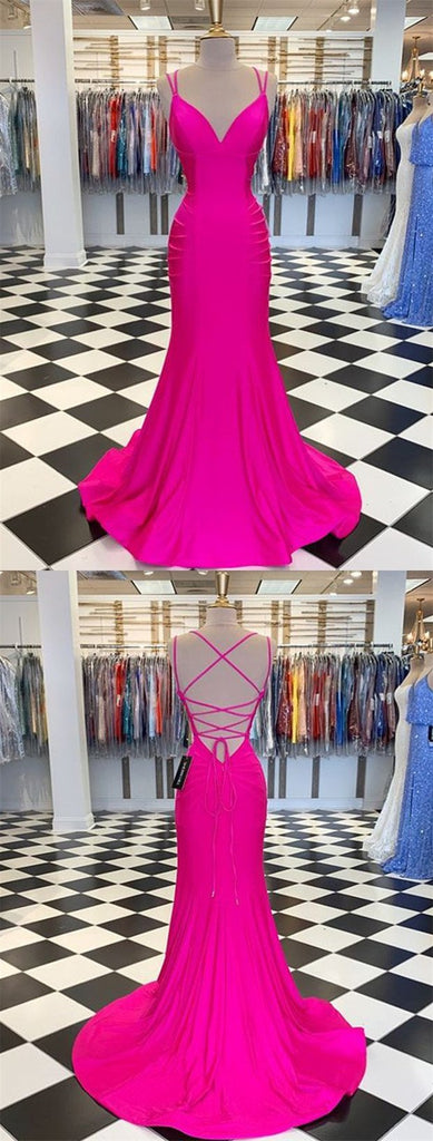 Hot Pink Mermaid Spaghetti Straps V-neck Backless Long Prom Dresses Online,12440