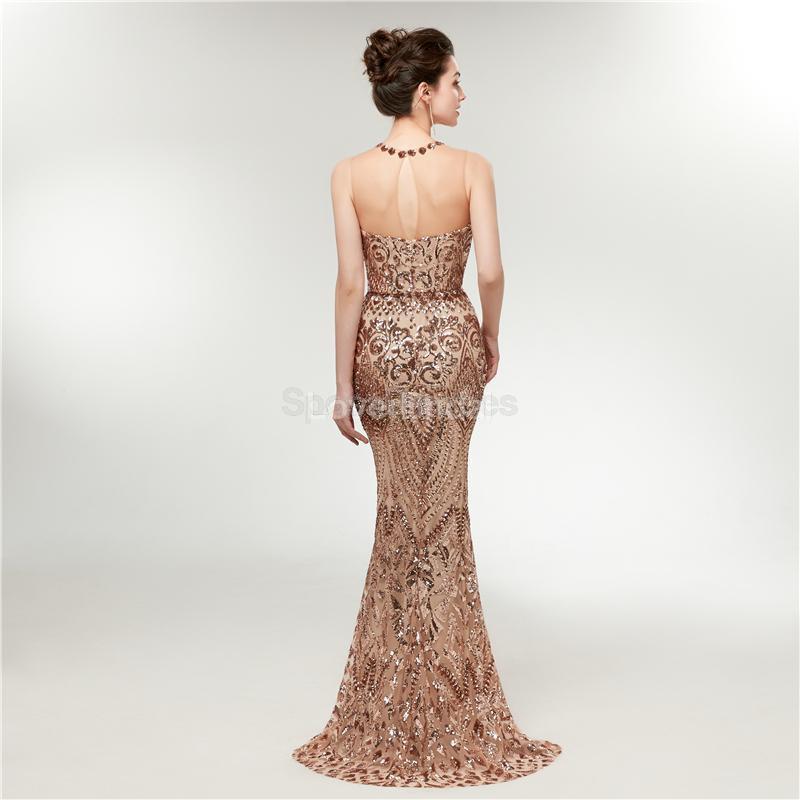 Illusion Gold Sequin Sparkly Mermaid Long Evening Prom Dresses, Evening Party Prom Dresses, 12012