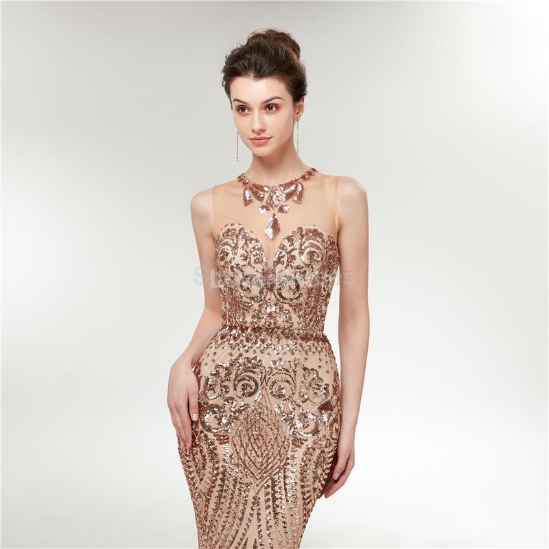 Illusion Gold Sequin Sparkly Mermaid Long Evening Prom Dresses, Evening Party Prom Dresses, 12012