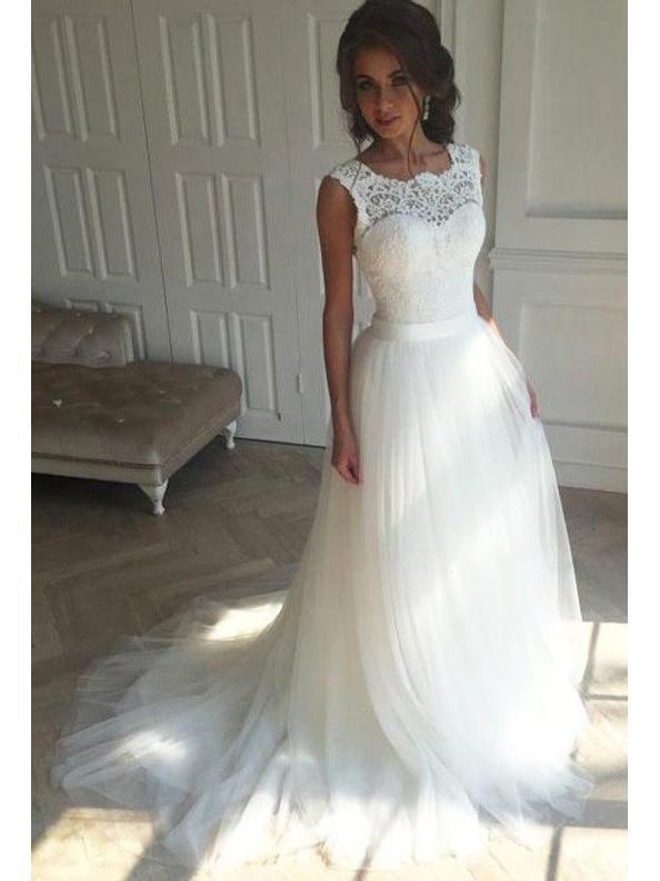 Illusion Lace A-line Cheap Wedding Dresses Online, Cheap Lace Bridal Dresses, WD440