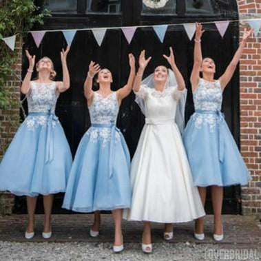 Illusion Light Blue Lace Applique Cheap Short Bridesmaid Dresses Online, WG330