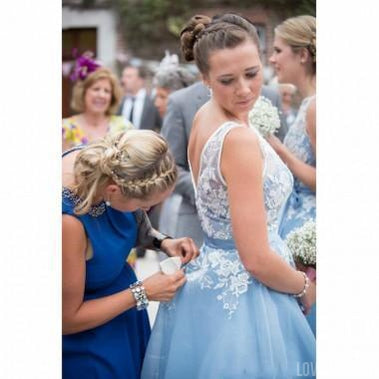 Illusion Light Blue Lace Applique Cheap Short Bridesmaid Dresses Online, WG330