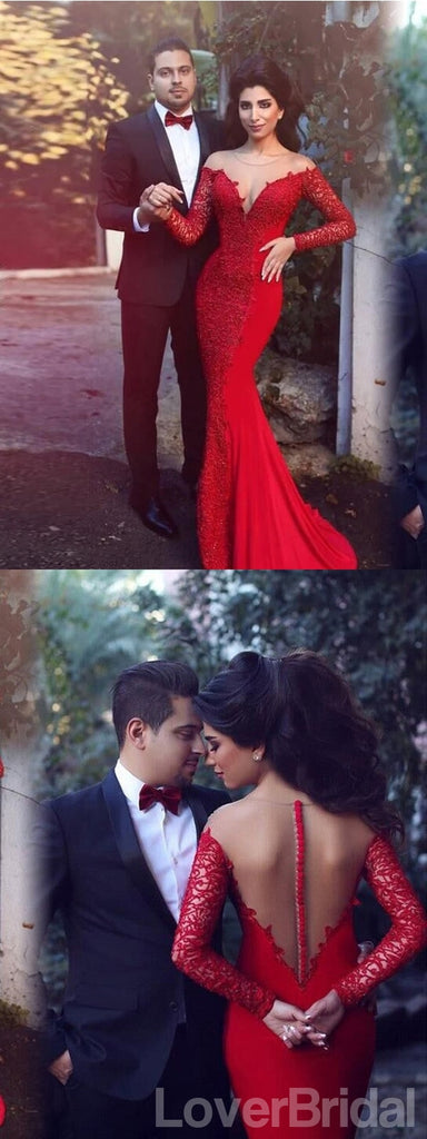 Illusion Mermaid Red Long Sleeves V-neck Cheap Long Prom Dresses,12634