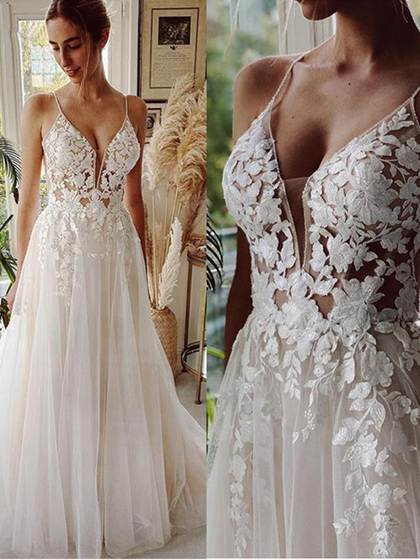 Ivory A-line Spaghetti Straps V-neck Handmade Lace Wedding Dresses,WD780