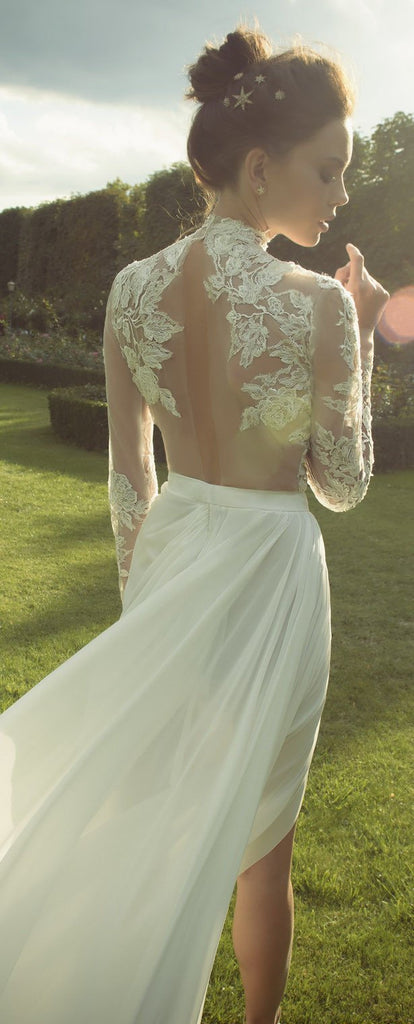 Ivory High Neck Long Sleeves See Through Applique Side Split Sexy Long Prom Dresses, Wedding Dress, WG265