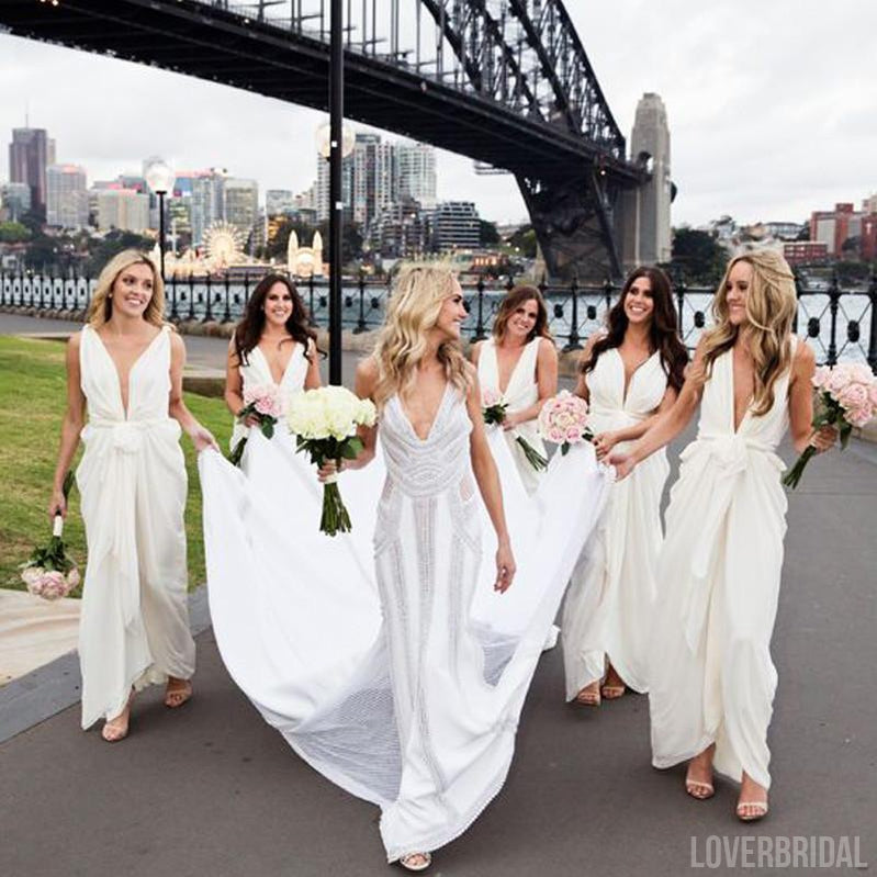 Ivory Sexy Deep V Neck Floor Length V Back Charming Wedding Bridesmaid Dresses, WG338