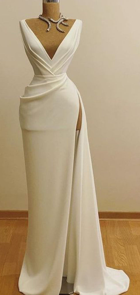 Ivory Sheath Deep V-neck High Slit Cheap Long Prom Dresses,12817