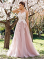 Jewel Neck A-line Lace Applique Pink Evening Prom Dresses, Sweet 16 Dresses, 18303