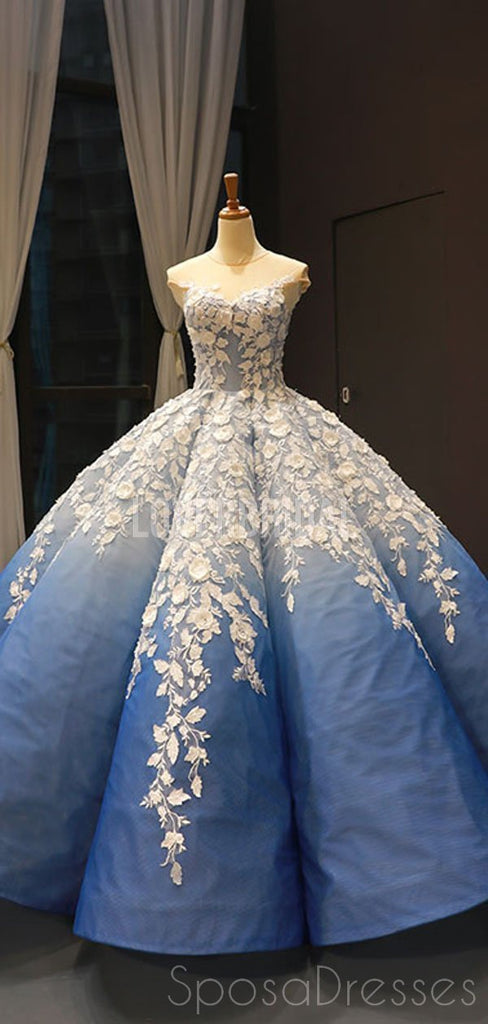 Jewel Neck Ombre Blue Ball Gown Evening Prom Dresses, Evening Party Prom Dresses, 12254