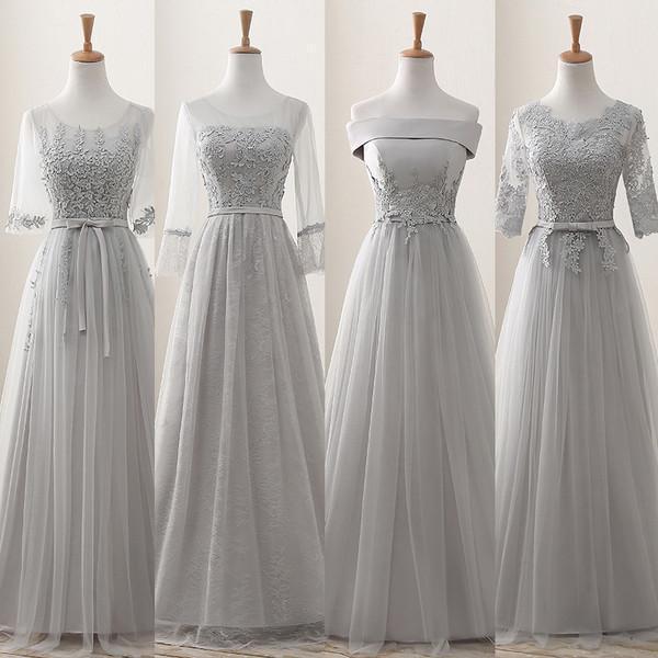 Lace Grey Mismatched Styles Chiffon Floor-Length Formal Long Bridesmaid Dresses, Affordable Custom Long Bridesmaid Dresses BD18001