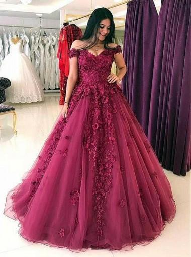 Lace Off Shoulder Dark Red A-line Long Evening Prom Dresses, 17613