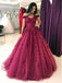 Lace Off Shoulder Dark Red A-line Long Evening Prom Dresses, 17613